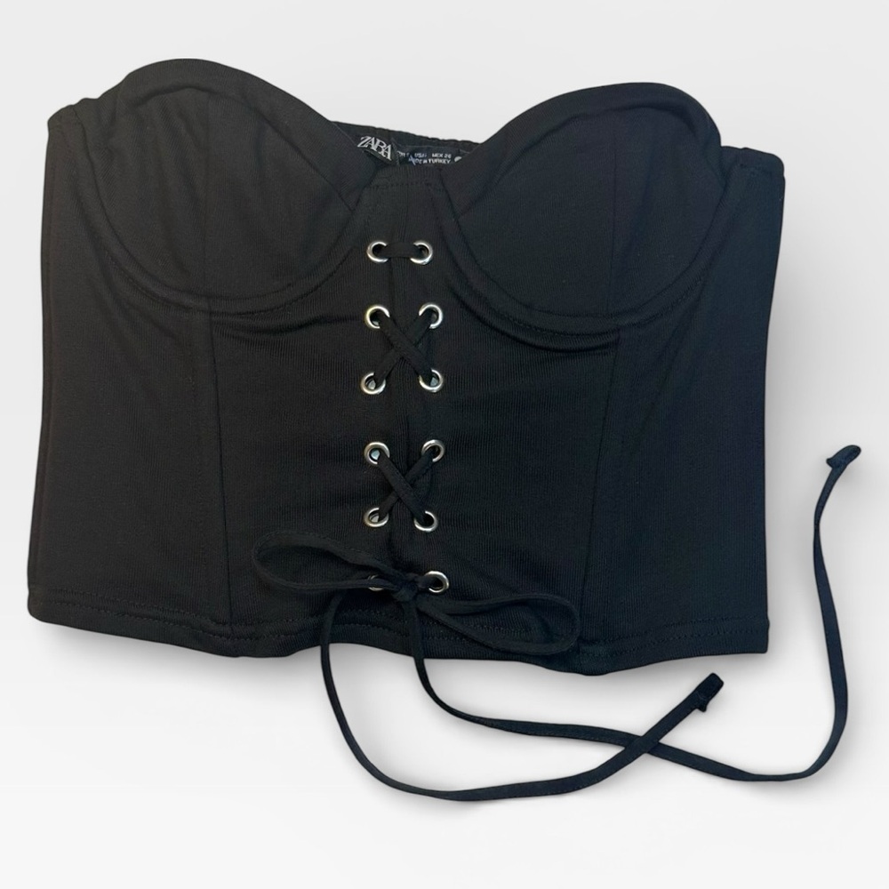 NWT Zara Black Strapless Lace-Up Corset Top SMALL comes w/ straps